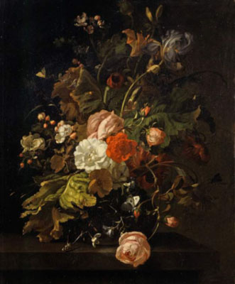 Rachel Ruysch, Nature morte avec fleurs sur une table en marbre