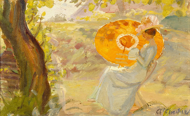 Anna Ancher, Jeune femme dans un jardin avec parasol orange