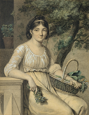 Aline Vallain, Portrait de femme assise tenant un panier rempli de feuillages